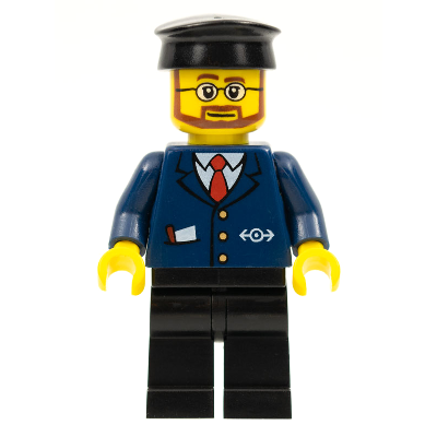 Dark Blue Suit with Train Logo, Black Legs, Black Hat, Beard and Glasses