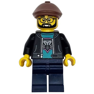 Race Truck Driver - Male, Black Jacket over Dark Turquoise Shirt with Hawk Head Logo, Dark Blue Legs, Reddish Brown Flat Cap, Beard, Glasses