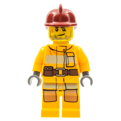 Fire - Bright Light Orange Fire Suit with Utility Belt, Dark Red Fire Helmet, Crooked Smile and Scar