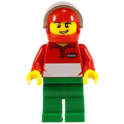 Pizza Delivery Man, Red and White Polo Shirt, Green Legs, Red Helmet with Visor