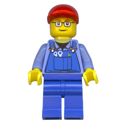 Overalls with Tools in Pocket, Blue Legs, Red Short Bill Cap, Glasses with Red Thin Eyebrows