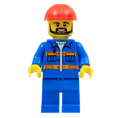 Blue Jacket with Pockets and Orange Stripes, Blue Legs, Red Construction Helmet, Black Angular Beard