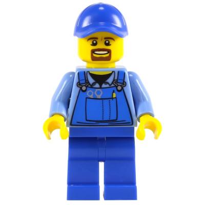 Man, Blue Overalls over Shirt, Blue Legs, Blue Cap, Goatee Beard