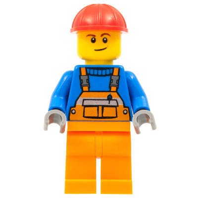 Overalls with Safety Stripe Orange, Orange Legs, Red Construction Helmet, Lopsided Smile