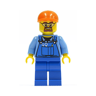 Overalls with Tools in Pocket Blue, Orange Short Bill Cap, Safety Goggles