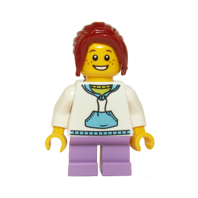 White Hoodie with Blue Pockets, Medium Lavender Short Legs, Dark Red Hair Ponytail Long with Side Bangs