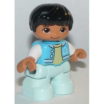 Duplo Figure Lego Ville, Child Boy, Light Aqua Legs, Medium Azure Jacket, Bright Light Yellow Shirt, White Arms, Black Hair