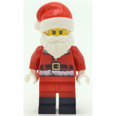 Santa, Red Legs, Black Boots Fur Lined Jacket with Button and Candy Cane on Back, Gray Bushy Eyebrows