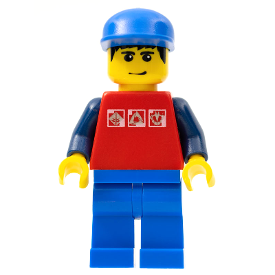 Red Shirt with 3 Silver Logos, Dark Blue Arms, Blue Legs, Blue Cap