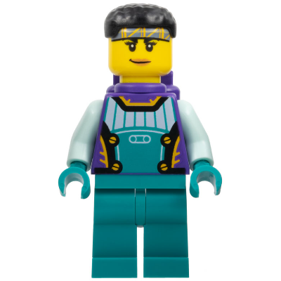 Stuntz Driver - Female, Dark Purple and Dark Turquoise Race Suit with Light Aqua Arms, Dark Purple Air Tanks, Black Short Hair