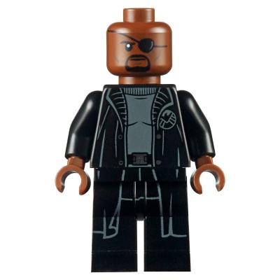 Nick Fury in Long Black Coat Over Gray Sweater