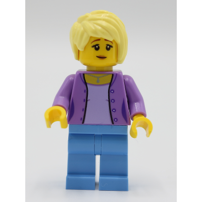 Female with Medium Lavender Jacket, Medium Blue Legs, Bright Light Yellow Hair