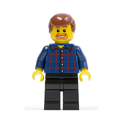 Plaid Button Shirt, Black Legs, Reddish Brown Male Hair, Dark Orange Goatee and Eyebrows