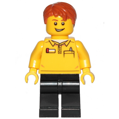 LEGO Employee, Yellow Shirt, Black Legs, Dark Orange Hair