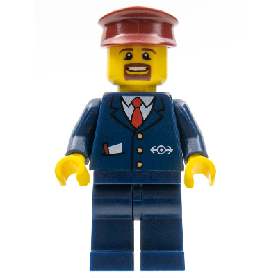 Dark Blue Suit with Train Logo, Dark Blue Legs, Dark Red Hat, Brown Moustache and Goatee