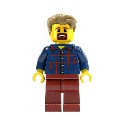 LEGOLAND Park Male, Dark Blue Plaid Button Shirt Pattern, Dark Tan Hair with Slight Widow's Peak, Goatee