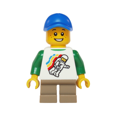 Classic Space Minifigure Floating Pattern, Short Dark Tan Legs, Blue Short Bill Cap