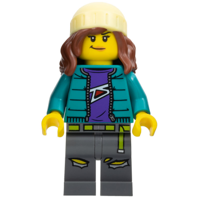 Fearless Fi - Stuntz Announcer, Dark Turquoise Jacket over Dark Purple Shirt, Dark Bluish Gray Legs, Reddish Brown Hair with Bright Light Yellow Knit Ski Cap