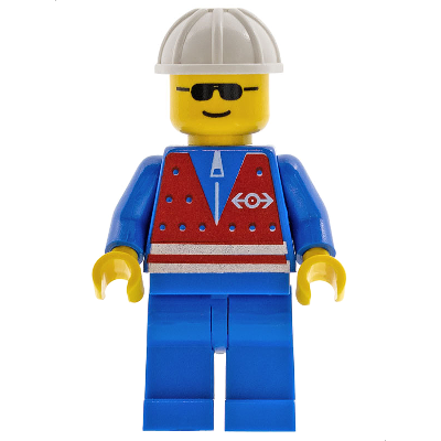 Red Vest and Zipper - Blue Legs, White Construction Helmet, Sunglasses