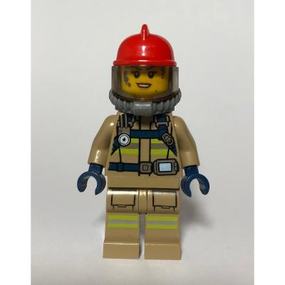 Firewoman, Dark Tan Fire Suit with Gauge and Straps, Red Helmet, Breathing Apparatus, Airtanks, Dirty