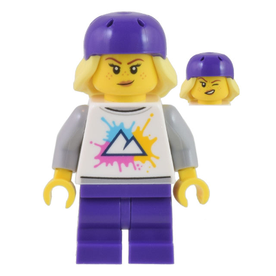 Electric Scooter Rider - White Shirt with Mountains, Dark Purple Medium Legs, Freckles, Dark Purple Helmet, Bright Light Yellow Hair