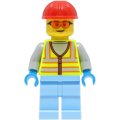 Space Engineer - Male, Neon Yellow Safety Vest, Bright Light Blue Legs, Red Construction Helmet, Orange Safety Glasses