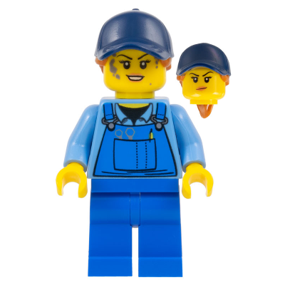 Mechanic - Female, Medium Blue Shirt and Blue Overalls, Blue Legs, Dark Blue Cap with Dark Orange Ponytail, Back Print