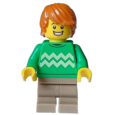 Boy - Bright Green Sweater, Dark Tan Medium Legs, Open Mouth Smile, Dark Orange Hair