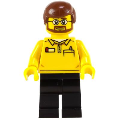 LEGO Store Employee, LEGO Logo on Back, Reddish Brown Hair, Beard and Glasses