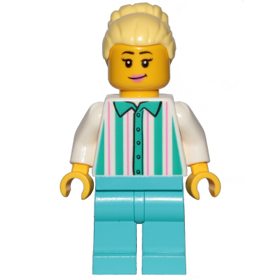 Fairground Employee, Female - Bright Light Yellow Hair with High Bun, White Shirt with Stripes, Medium Azure Legs