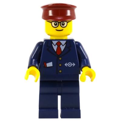 Train Conductor, Dark Blue Suit with Tie and Train Logo, Dark Red Hat, Glasses