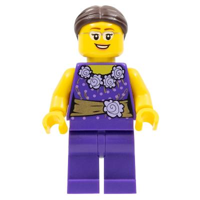 LEGOLAND Park Female, Dark Purple Blouse with Gold Sash and Flowers, Dark Brown Hair