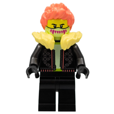 Stuntz Driver, Coral Hair, Yellowish Green Mask, Bright Light Yellow Fur Lined Black Jacket, Black Legs