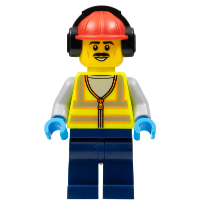 Stuntz Crew, Male, Red Hard Hat with Earmuff, Neon Yellow Safety Vest, Dark Blue Legs