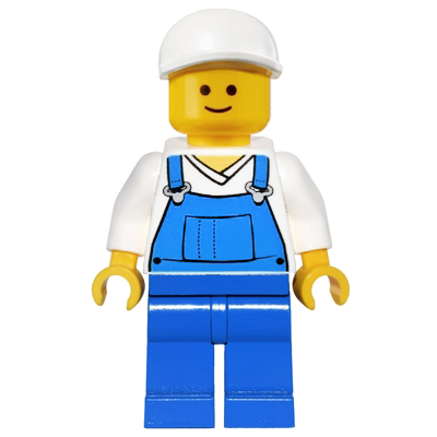 Overalls Blue over V-Neck Shirt, Blue Legs, White Short Bill Cap