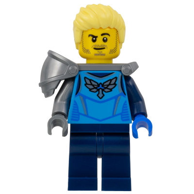 Stuntz Driver - Male, Dark Azure Racing Shirt with Silver Wings Logo, Dark Blue Legs, Flat Silver Shoulder Armor, Bright Light Yellow Hair, Stubble