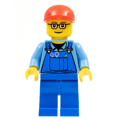 Overalls with Tools in Pocket, Blue Legs, Red Short Bill Cap, Glasses with Brown Thin Eyebrows