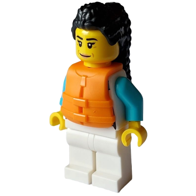 Arctic Explorer - Female, White Jacket over Medium Azure Shirt, White Legs, Black Hair, Orange Life Jacket