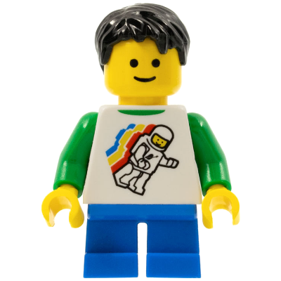Boy - Classic Space Minifigure Floating Pattern, Blue Short Legs, Black Tousled Hair