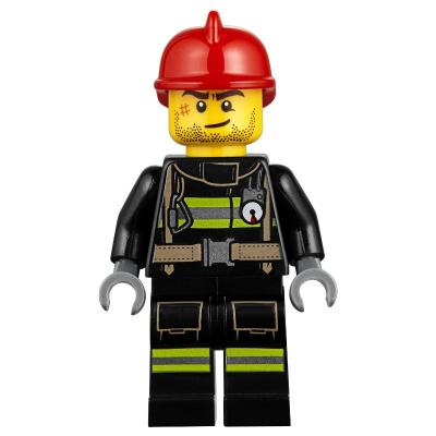 Fireman, Black Fire Suit with Gauge and Straps, Red Helmet, Stubble and Scar