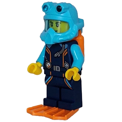 Arctic Explorer Diver - Male, Dark Blue Diving Suit, Orange Air Tanks and Flippers, Medium Azure Helmet