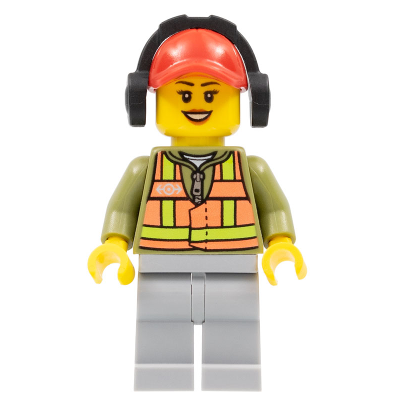 Light Orange Safety Vest, Light Bluish Gray Legs, Red Cap with Hole, Headphones, Peach Lips