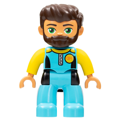 Duplo Figure Lego Ville, Male, Medium Azure Diving Suit, Yellow Arms, Dark Brown Hair, Beard