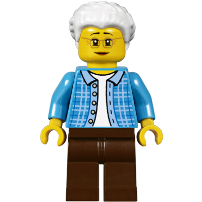 Grandma, Dark Azure Plaid Jacket with Collar, Dark Brown Legs and White Hair