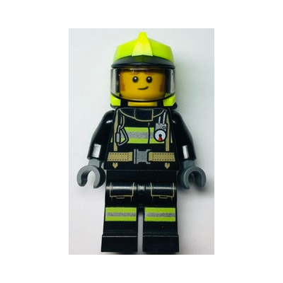 Fire -  Fireman Clemmons, Reflective Stripes with Utility Belt, Black Legs, Neon Yellow Fire Helmet, Trans-Black Visor, Sideburns