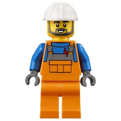 Construction Worker, Orange Overalls over Blue Sweater, White Hard Hat, Beard